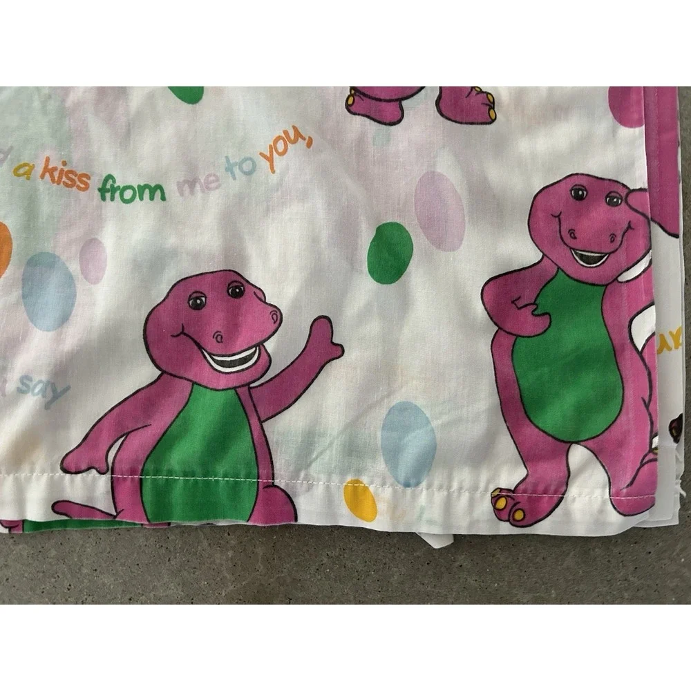 Vintage 90s Barney the Dinosaur Bed Flat Sheet I Love You Song Lyons Group Full